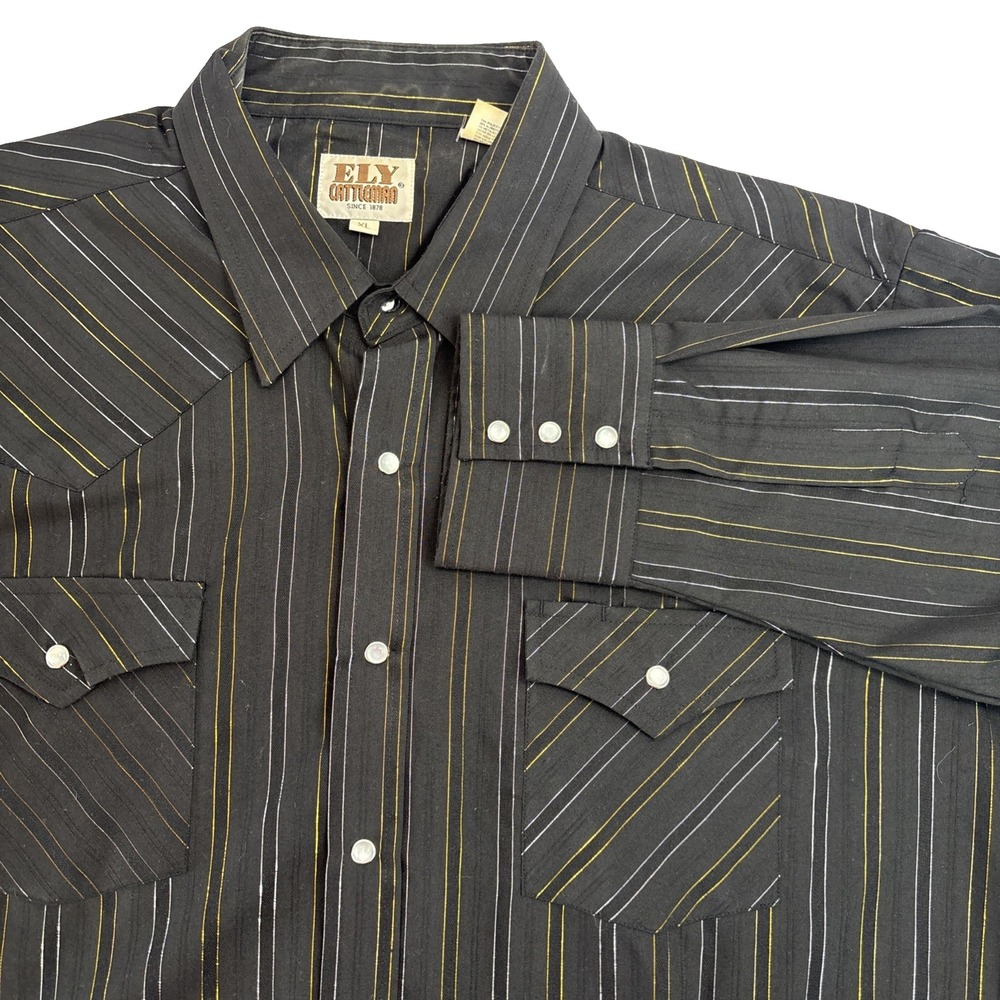 Ely Cattleman Black Metallic Striped Pearl Snap Long Sleeve Shirt‎ Size Xl Party